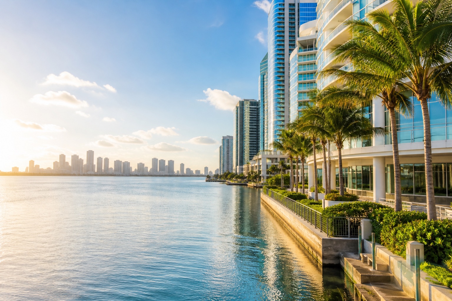 Bright Miami waterfront with modern business towers and palm trees
