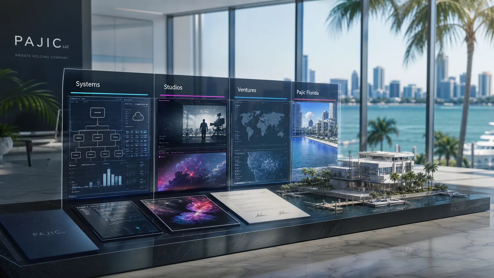 Miami workspace representing Pajic Systems, Studios, Ventures and assets